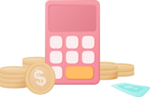 A calculadora mínima 3D renderiza o conceito de gestão financeira. cálculo de planejamento de risco financeiro, calculadora com pilha de moedas e notas com conceito de vetor 3d em fundo pastel png