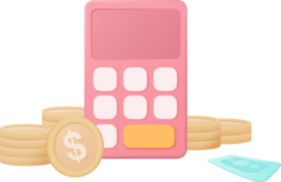 calculatrice minimale 3d rend le concept de gestion financière. calcul de la planification des risques financiers, calculatrice avec pile de pièces et billet de banque avec concept de vecteur 3d sur fond pastel png