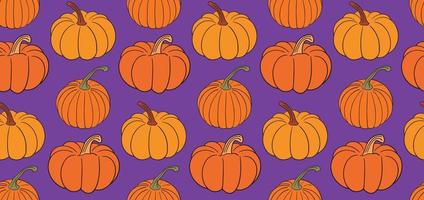 Pumpkin seamless pattern background, hand drawn squash in warm natural fall colors isolated on white on purple backdrop. Vector illustration, texture design for autumn, Halloween, Thanksgiving