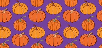 Pumpkin seamless pattern background, hand drawn squash in warm natural fall colors isolated on white on purple backdrop. Vector illustration, texture design for autumn, Halloween, Thanksgiving