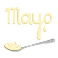 Cartoon silver spoon with mayonnaise, cream or cheese cream side view and lettering Mayo. Vector clipart isolated on a white background for a banners, apps with kitchen theme, menu and more.