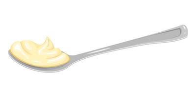 Cartoon silver spoon with mayonnaise, cream or cheese cream side view. Vector clipart isolated on a white background for a banners, apps with kitchen theme, menu and more.