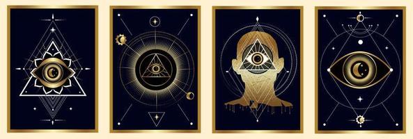 Set reverse side of the divination card. All-seeing eye, man, cosmic mind. vector