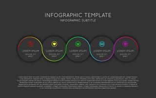Vector infographic template with five dark circles with twisted coloured line and icons. Modern process scheme on black background