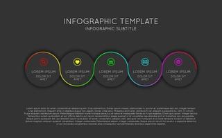 Vector infographic template with five dark circles with twisted coloured line and icons. Modern process scheme on black background