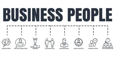 business people banner web icon set. businessman, head hunting, winner, online consulting, collaboration, person hour, brainstorm, cooperation vector illustration concept.