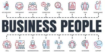 business people banner web icon set. team, search, outsource, support, communication, presentation and more vector illustration concept.