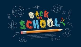 Colorful chalk drawn back to school lettering with realistic pencil background. Online courses, learning and tutorials Web page template. Online education concept vector