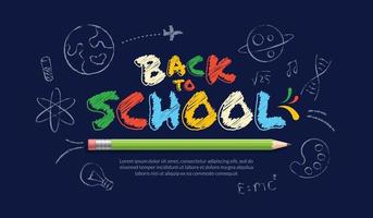 Colorful chalk drawn back to school lettering with realistic pencil background. Online courses, learning and tutorials Web page template. Online education concept vector