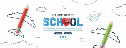banner horizontal de regreso a la escuela con plano de lápiz de color. plantilla de página web de cursos, aprendizaje y tutoriales en línea. concepto de educación en línea