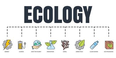 Eco friendly. Environmental sustainability Ecology banner web icon set. green tech, energy, safe the planet, innovation, clean water, coral, eco packaging, charge vector illustration concept.