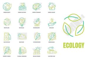 conjunto de ilustración de vector de logotipo de icono de ecología ambiental. paquete ecológico. plantilla de símbolo de casa verde, coche eléctrico, energía hidroeléctrica, etc. para la colección de diseño gráfico y web