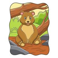 cartoon illustration The bear is sitting under the trunk of a big fallen tree in the middle of the forest vector