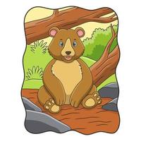 cartoon illustration The bear is sitting under the trunk of a big fallen tree in the middle of the forest vector