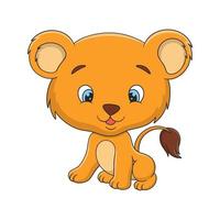 cartoon illustration a lion cub sitting proudly on a cliff under a big tree in the middle of the fores vector