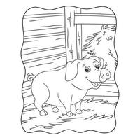 cartoon illustration a pig walking around in its cage on a haystack book or page for kids black and white vector