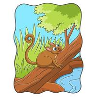 cartoon illustration tarsiers relaxing on a fallen tree trunk by the river to enjoy the beauty of the forest vector