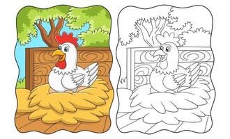 ilustración de dibujos animados de una gallina que está incubando sus huevos que están listos para eclosionar en su libro de jaula o página para niños vector