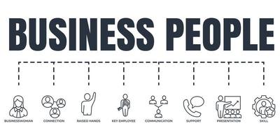 business people banner web icon set. support, key employee, businesswoman, communication, presentation, raised hands, skill, connection vector illustration concept.