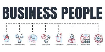 business people banner web icon set. support, key employee, businesswoman, communication, presentation, raised hands, skill, connection vector illustration concept.