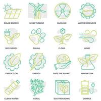 conjunto de ilustración de vector de logotipo de icono de ecología ambiental. paquete ecológico. plantilla de símbolo de energía solar, turbina eólica, nuclear, recursos hídricos, etc. para la colección de diseño gráfico y web