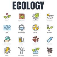 Set of Environmental ecology icon logo vector illustration. Eco friendly pack. solar energy, wind turbine, nuclear, water resource and etc symbol template for graphic and web design collection