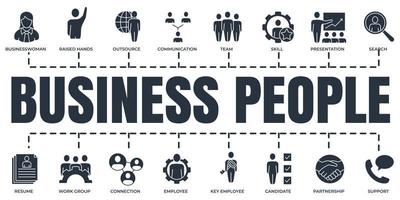 business people banner web icon set. team, search, outsource, support, communication, presentation and more vector illustration concept.