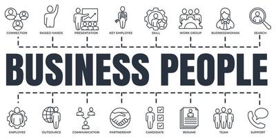 business people banner web icon set. team, search, outsource, support, communication, presentation and more vector illustration concept.