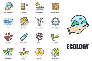 conjunto de ilustración de vector de logotipo de icono de ecología ambiental. paquete ecológico. plantilla de símbolo de energía solar, turbina eólica, nuclear, recursos hídricos, etc. para la colección de diseño gráfico y web