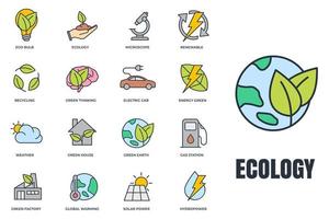 conjunto de ilustración de vector de logotipo de icono de ecología ambiental. paquete ecológico. plantilla de símbolo de casa verde, coche eléctrico, energía hidroeléctrica, etc. para la colección de diseño gráfico y web