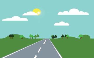 Green field, empty road. Summer sunny day. vector