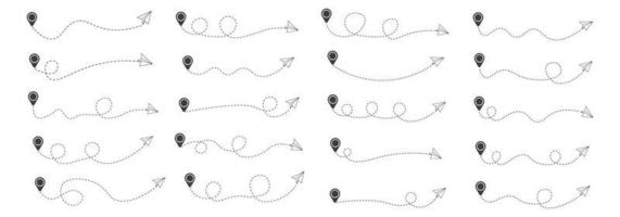 Set of Dashed Line Ppaer Airplane Route with Location Icon vector