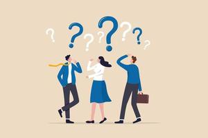 Confused people with confusion problem or doubt, lost in trouble or complexity, complicated questions or misunderstanding concept, businessman and businesswoman with many of confused question marks. vector