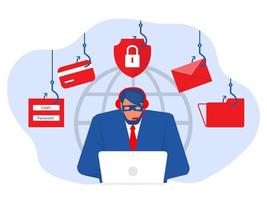 ataque cibernético de piratas informáticos, piratas informáticos del centro de llamadas que roban información personal. el hacker desbloquea información, roba y criminaliza datos informáticos. ilustración.
