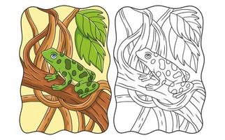 ilustración de dibujos animados una rana que está en un árbol grande y alto con gruesos troncos de árboles alrededor de un libro o página para niños vector