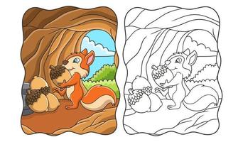 ilustración de dibujos animados la ardilla está recolectando alimentos en forma de nueces de bellota que se almacenan en su casa en el libro del árbol o en la página para niños vector