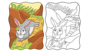 ilustración de dibujos animados el conejo está tirado en el heno bajo el acantilado para disfrutar del sol en medio del libro o página del bosque para niños vector