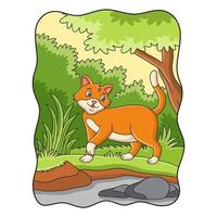 cartoon illustration a squirrel running towards food on a fallen tree trunk in the middle of the forest vector