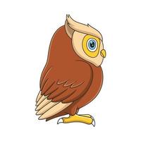 cartoon illustration side view of an owl perched on a large rock under a thick forest tree at noon vector
