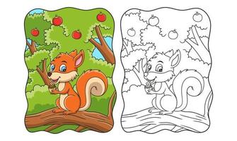cartoon illustration the squirrel is getting ready to eat the pine tree seeds on the big, lush tree with fruit on it book or page for kids vector