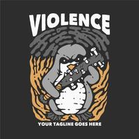 violencia de diseño de camisetas con pingüino enojado sosteniendo un bate de béisbol con ilustración vintage de fondo gris vector