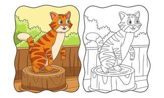 ilustración de dibujos animados de un gato parado en un trozo de tronco que está detrás de una cerca de madera en un libro de granja o página para niños