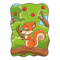 cartoon illustration the squirrel is getting ready to eat the pine tree seeds on the big, lush tree with fruit on it vector