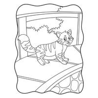 ilustración de dibujos animados gato caminando sobre un puente de madera mirando el libro o la página del pozo de agua para niños en blanco y negro vector