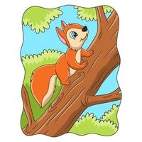 cartoon illustration a squirrel climbing a big tree to get food on it vector