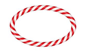 Christmas candy cane oval frame with red and white striped. Xmas border with striped candy lollipop pattern. Blank christmas and new year template. Vector illustration isolated on white background