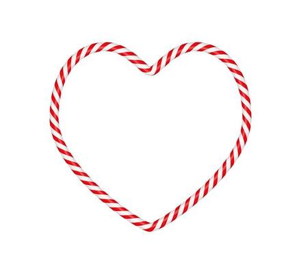 Christmas candy cane heart frame with red and white striped. Xmas border with striped candy lollipop pattern. Blank christmas and new year template. Vector illustration isolated on white background
