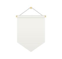 Empty white bunting pennant. Hanging realistic pennant or flag with rope. Bunting medieval flag mock up. Blank realistic template. Vector illustration isolated on white background