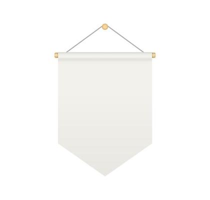 Empty white bunting pennant. Hanging realistic pennant or flag with rope. Bunting medieval flag mock up. Blank realistic template. Vector illustration isolated on white background