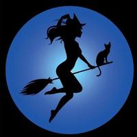 Black silhouette of a beautiful glamour witch flying on a broomstick. Halloween illustration. vector